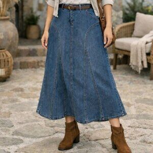 CAbi MIDI/MAXI JEAN SKIRT GORED FLARED STRETCH DENIM WESTERN FLARE sz 12